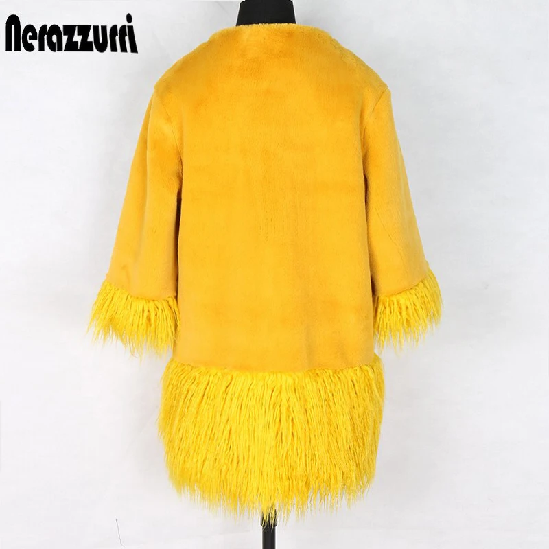 Nerazzurrri шуба искусственная цветная женские пальто из искусственного меха большие размеры Зима желтая Лоскутная куртка из искусственного меха женская меховой пушистый искусственная Меховая куртка эко полушубок