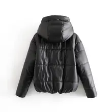 

Women Hooded Thicken Warm Jacket Long Sleeve Zipper Parkas Coat Lady Outerwear Veste Femme Winter Fashion PU Leather Black Coat