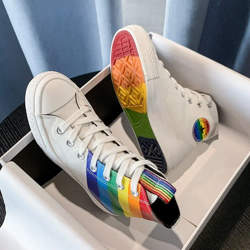 

Plimsalls White High Canvas Shoes Women Rainbow Printing Rainbow Sneakers Colorful High Top Womens Vulcanize Shoes Espardrilles