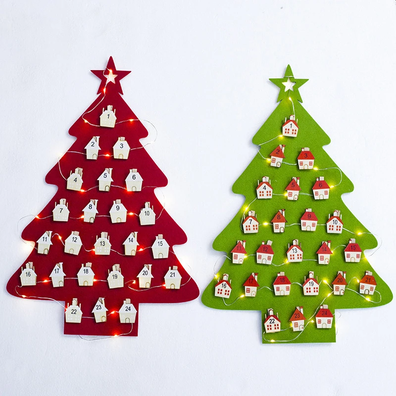 Рождественский календарь с подсветкой, войлочная Подвеска для календаря, зеленый, красный, с обратным отсчетом, Рождественский, домашний, новогодний декор, 30*45 см, 1 шт