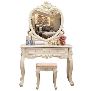 

European Style Dressing Table Chair Bedroom Solid Wood Ivory White Make Up Table with Mirror Drawers Bedroom Furniture