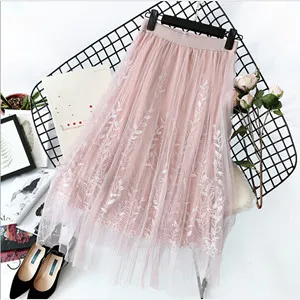 pink Новинка, модные женские сетчатые юбки, женская элегантная Тюлевая юбка с принтом листьев для взрослых, эластичная плиссированная юбка средней длины с высокой талией, Femme Saia - Цвет: pink