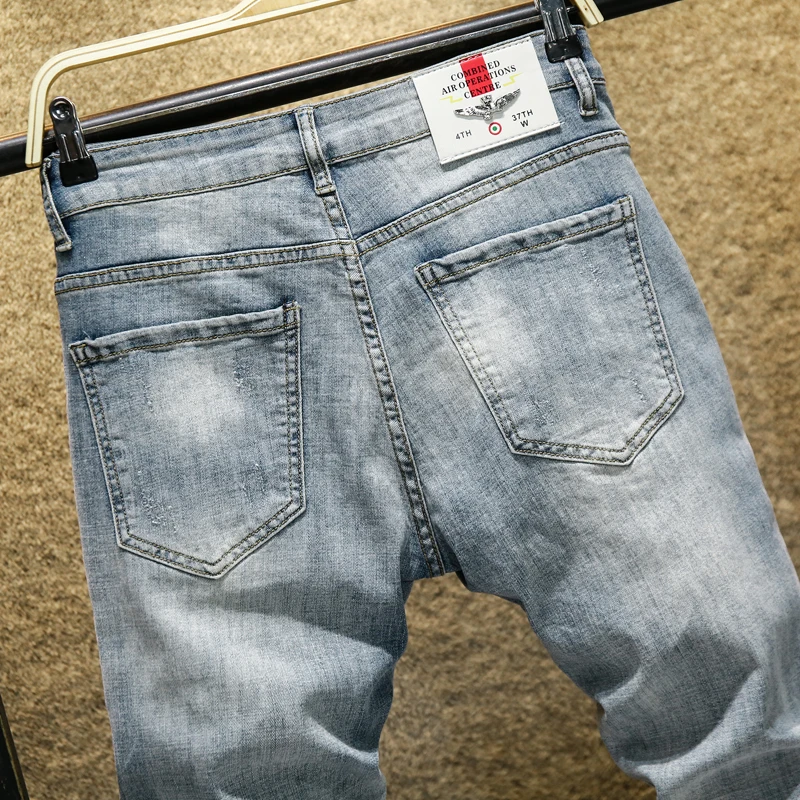 Hot Product new casual slim elastic blue jeans men ,men's pencil pants skinny jeans men Slim Fit Straight Ripped Distressed Pleated Cotton