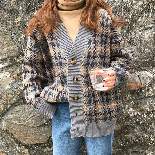 grey sweater Новинка, клетчатый вязаный кардиган, однобортный, на пуговицах, осенний, женский свитер, корейская мода, свободный, Chaqueta Mujer 51296 - Цвет: grey sweater