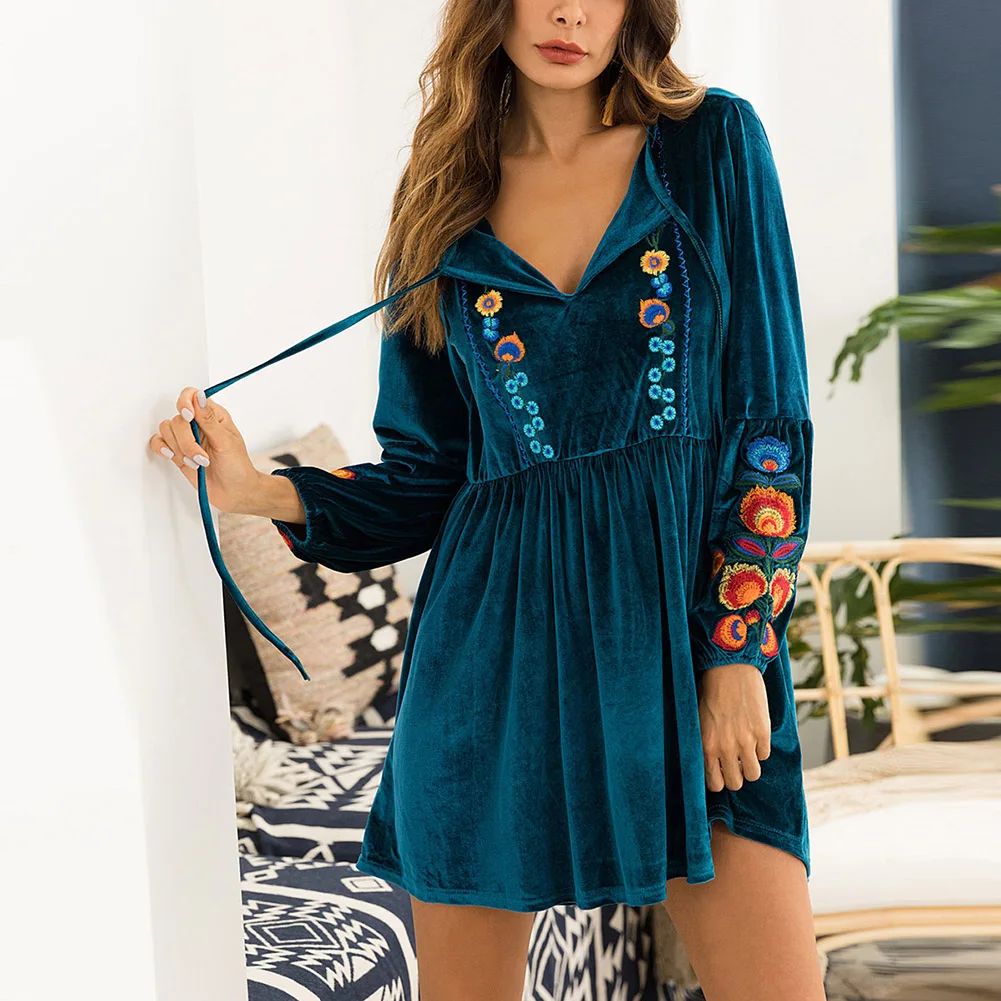 

Fadzeco Women Pleated Dress Autumn Winter Floral Lantern Sleeve Mini Dress Tribal Print Long Sleeve V Neck Dress