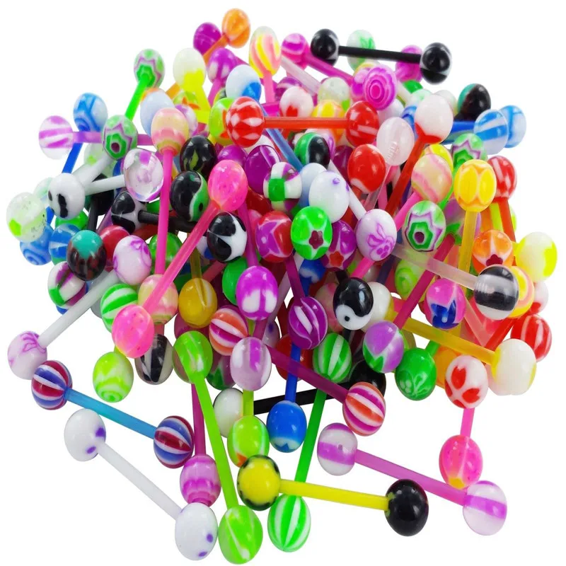Piercing Jewelry Acrylic 16G Tongue Piercing Ring Bulk Plastic Tongue Bar Lot Nipple Piercing Barbell 10/20/30/50PCS
