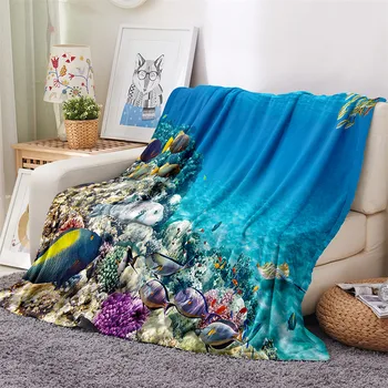 

3D Print Blanket Cartoon Style Sea Animal Undersea Landscape Wall Decoration Blanket Ship Turtle Jellyfish Pattern Bed Sheet