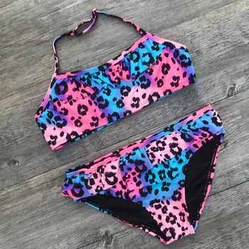 

Children Girls Bikini Leopard Ruched Bikini Set Swimwear Swimsuit Bathing Clothes For 7Y-14Y Student Girls Summer Beachwear