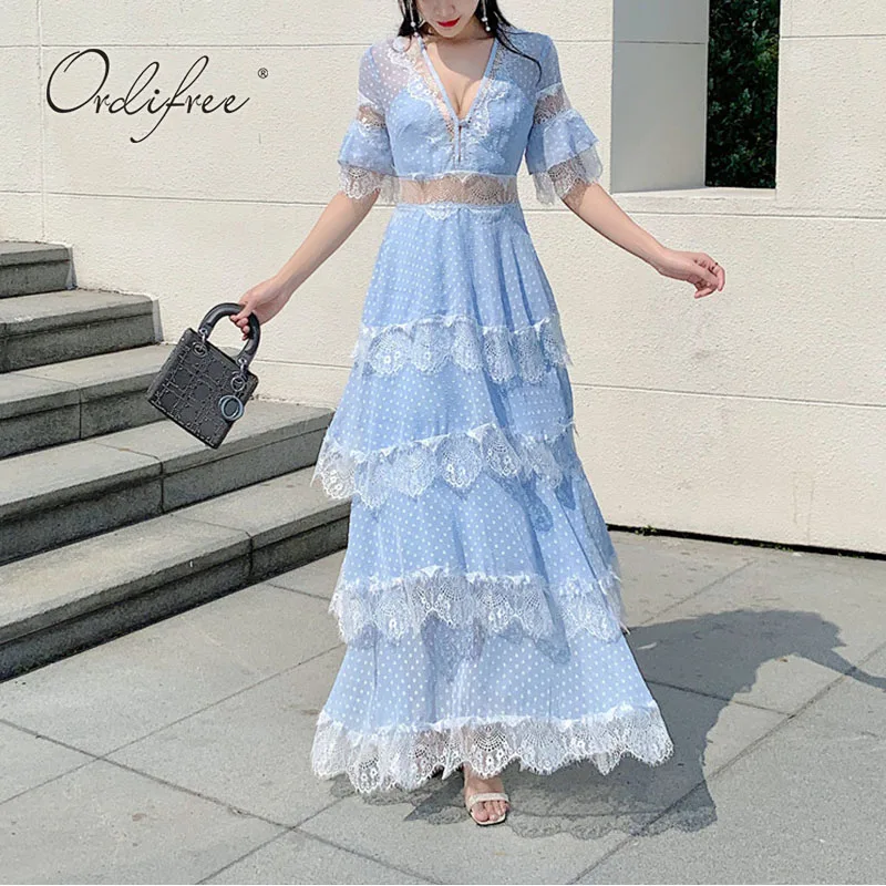 

Ordifree 2023 Summer Women Maxi Cake Dress Polka Dot Sexy Transparent White Lace Vocation Long Tunic Beach Dress