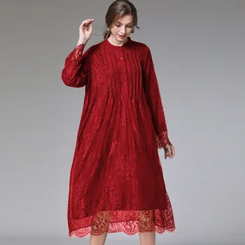 

Women's 2020 Fashion New Spring Lace Up Hollow Out Dress Elegant Casual Loose Stand Collar Hot Drilling Dress Plus Size