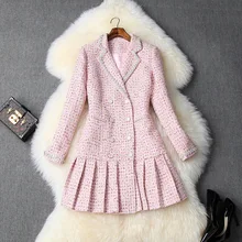 Женское зимнее платье для девочек, милое розовое клетчатое твидовое платье с зубчатым воротником, платье с длинными рукавами и оборками, новинка года, высокое качество