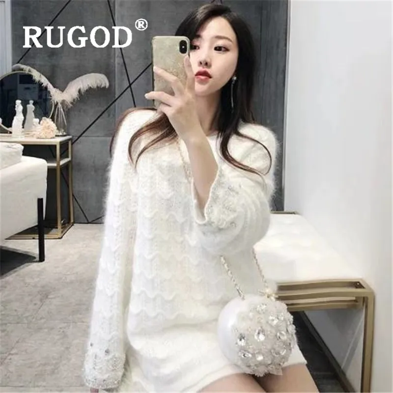 RUGOD, новое осеннее специальное поступление, женский белый свитер с круглым вырезом и жемчужными рукавами, Свободный вязаный пуловер, Модный женский элегантный пуловер