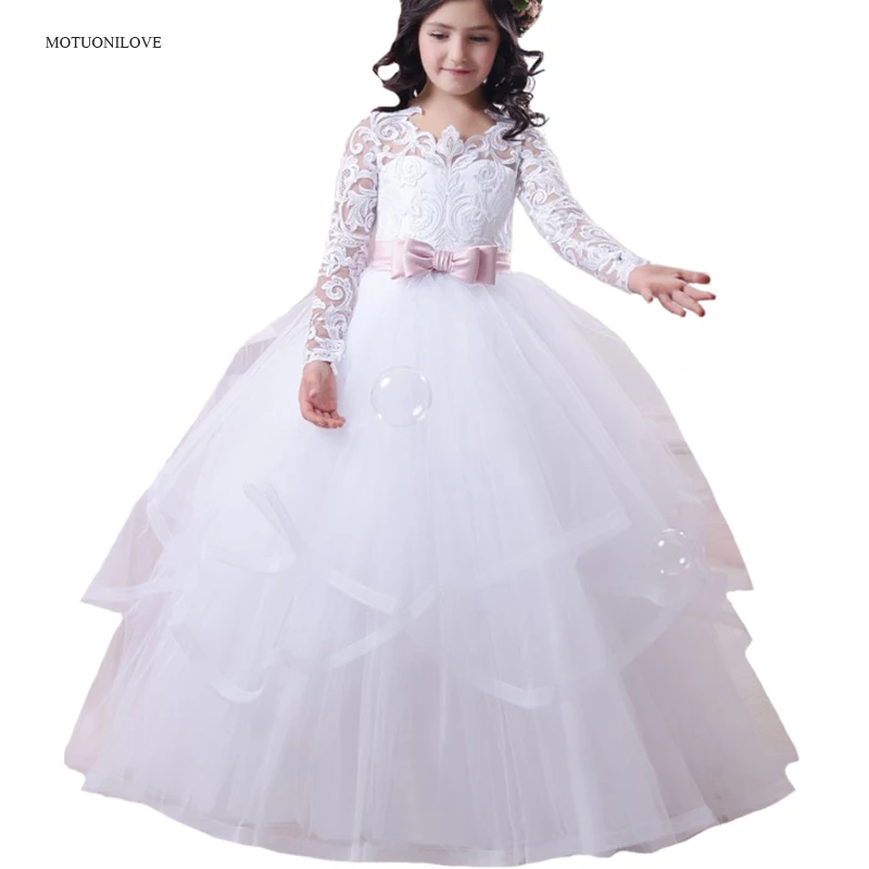 

First Holy Communion Dresses for Little Baby Party Gowns Long Sleeves Lace Flower Girls Dresses for Wedding robe mariee vintage