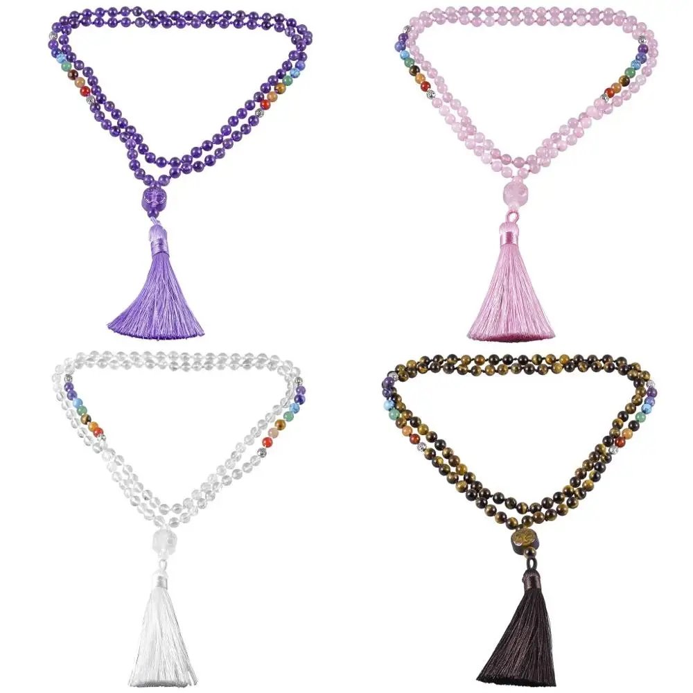 

TUMBEELLUWA Healing 7 Chakra Crystal Tibetan Mala Stone Necklace,Tree of Life Ornament Prayer Beads Bracelet with Tassel Jewelry