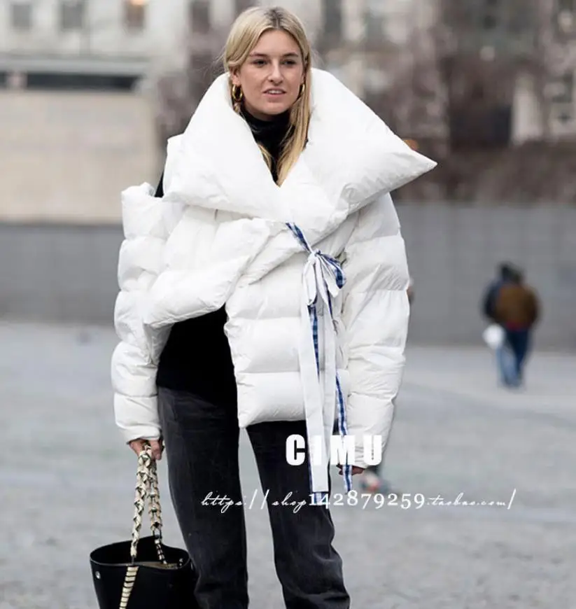 white with line Необычная ниша nutral пушистый пуховик на утином пуху женская зимняя новая мода большой отворот толще теплый personalitcoat wq2511 - Цвет: white with line