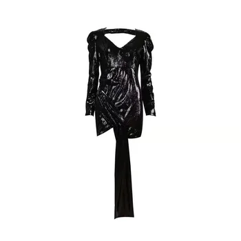

Women Black Fashion Sequined Party Vestidos Autumn Long Sleeve Chic Sahes Round Neck Sexy Hollow Out Mini Wrap Dresses 2019