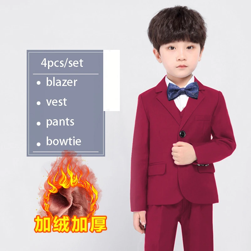 thick red 4pcs Комплект из 5 предметов для мальчиков с цветочным узором и бархатным платьем, Детский костюм для свадебной вечеринки детский Блейзер, жилет, рубашка, штаны, одежда с галстуком-бабочкой - Цвет: thick red 4pcs