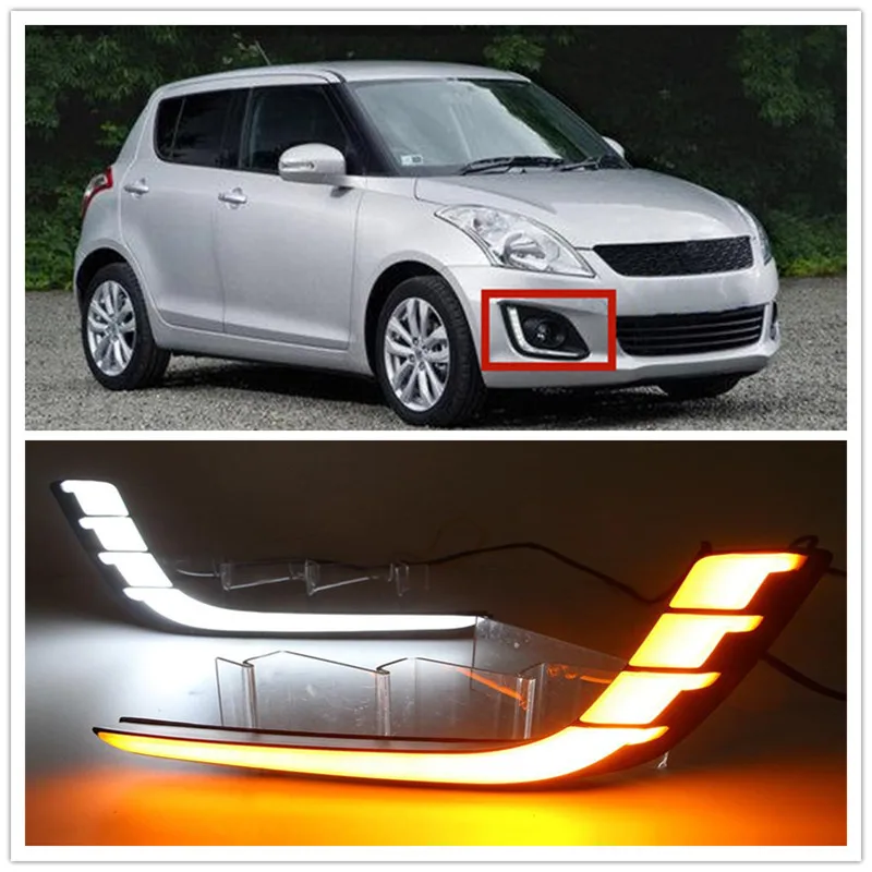 Car Flashing LED DRL Daytime Running Lights with Yellow Turning Signal fog lamp cover fit For Suzuki Swift 2013 2014 2015 2016 | Автомобили