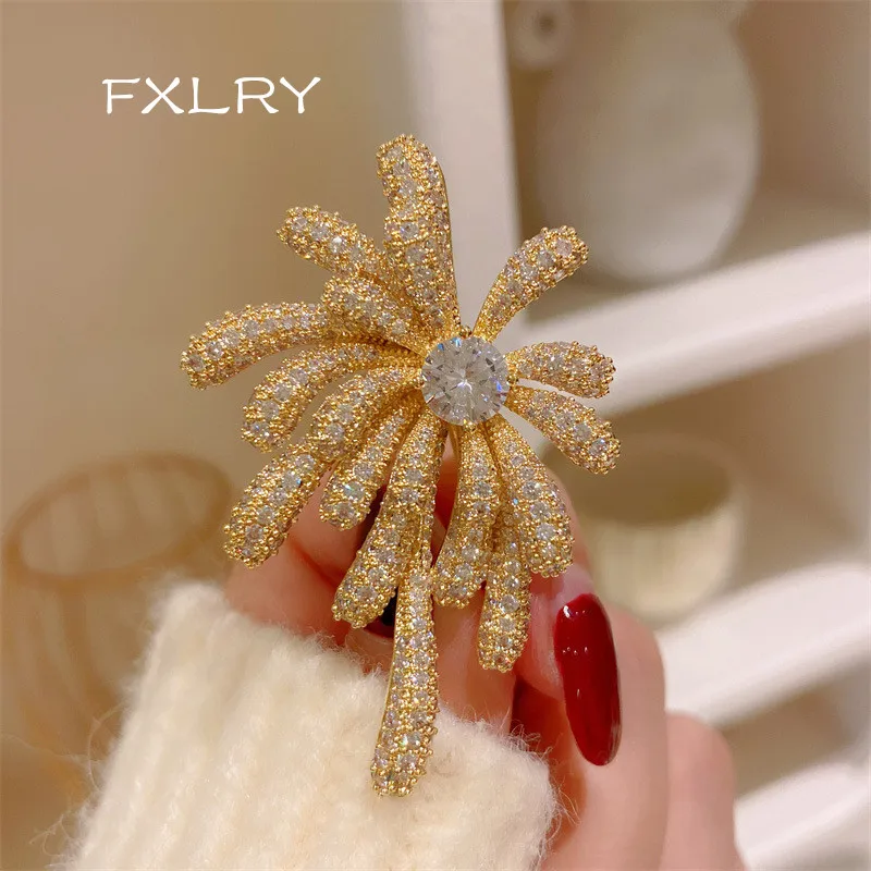 

FXLRY Elegant Jewelry Gold Color Zirconia Fireworks Brooches For Women Fashion Coat Accessories