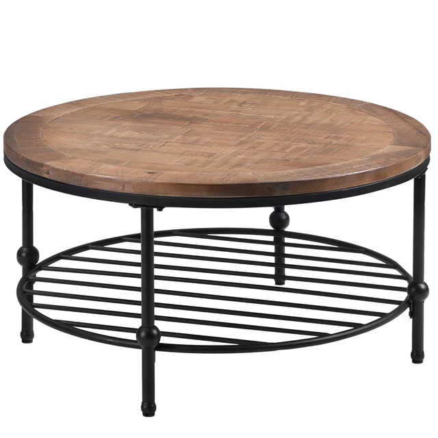 Natural Round Coffee Table with Storage Shelf  4