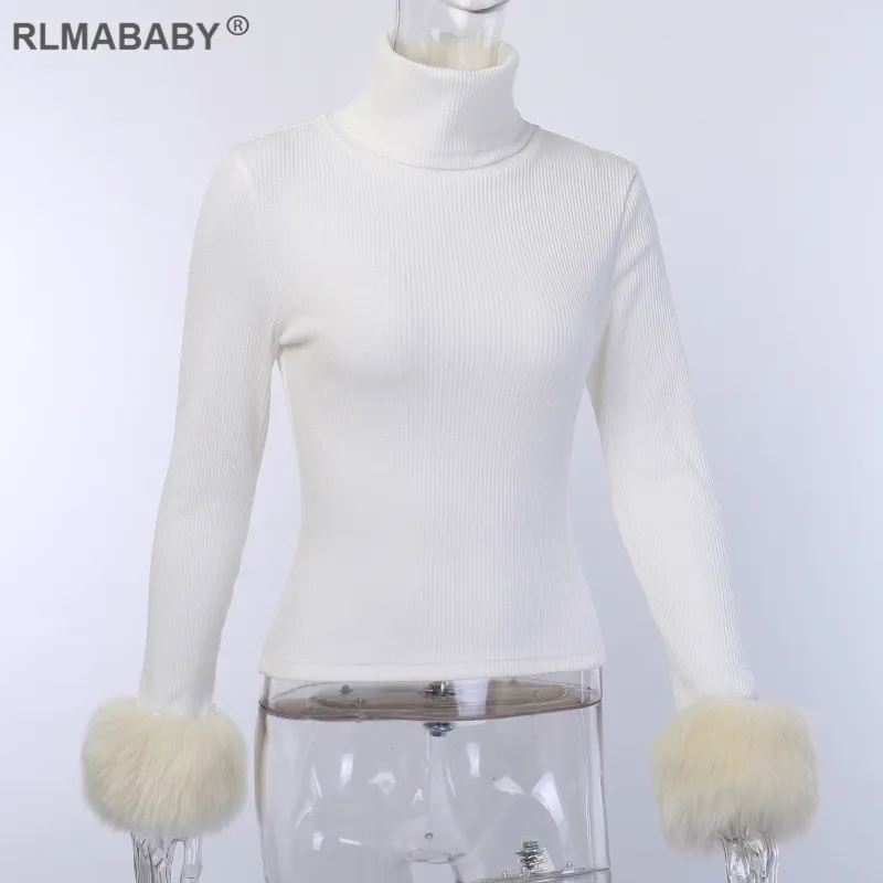 RLMABABY, Осень-зима, искусственный мех, Вязанная, сексуальная женская футболка, офисная, женская, белая, ребристая, топ, повседневная, уличная, базовая, женская футболка, Топ