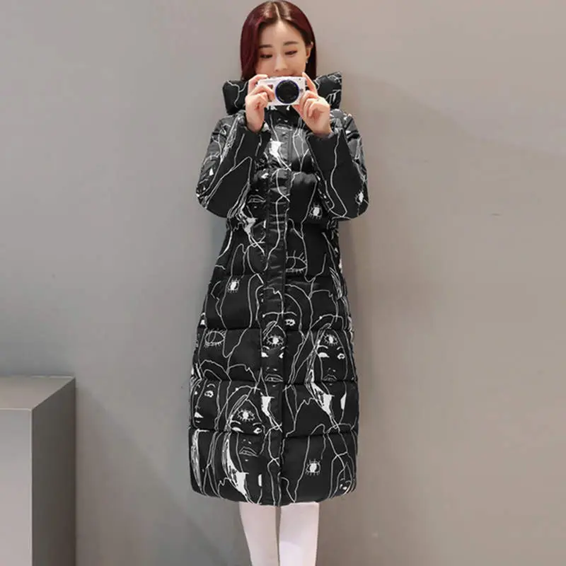black printing Ватная хлопковая куртка для женщин, новое зимнее пальто для женщин, модные теплые парки с капюшоном, женский пуховик, повседневное пальто размера плюс 3XL C2391 - Цвет: black printing