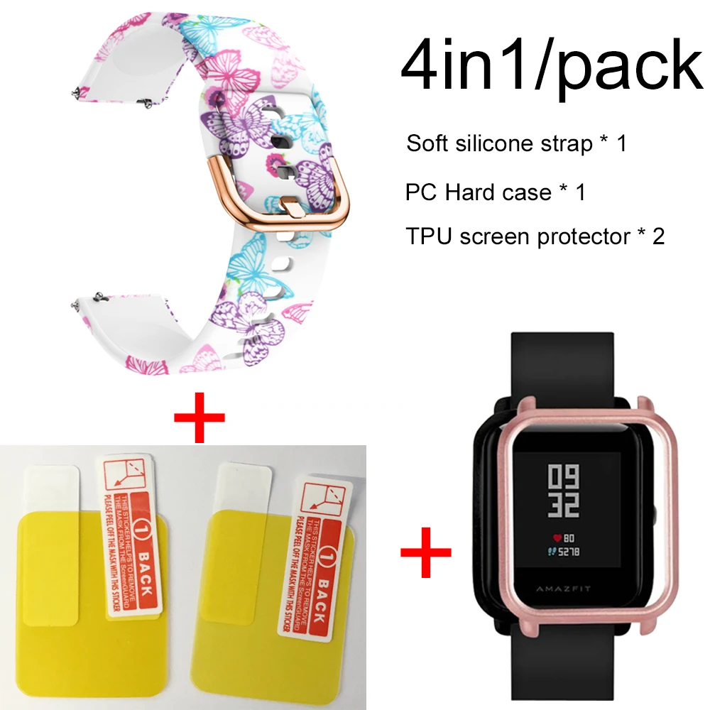4в1 мягкий силиконовый ремешок для Xiaomi Huami Amazfit Bip маленький браслет часы с PC чехол Защитная пленка для экрана - Цвет: Butterfly-Rose pink