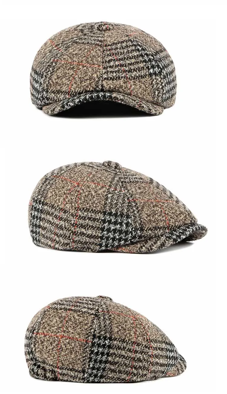 Fibonacci Autumn Winter Wool Beret Men Dad Hat Brand Quality Plaid flatcap vintage newsboy cap