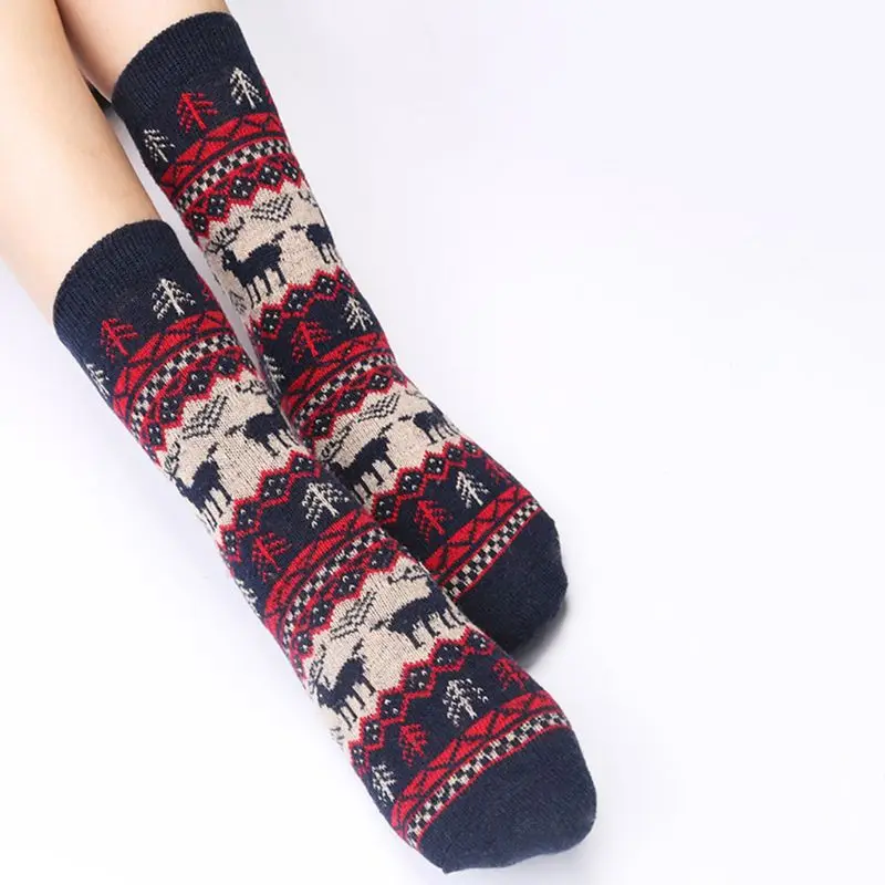 5 пар, женские зимние утепленные вязаные носки, этнические Носки с рисунком рождественской елки, оленя, в полоску, теплые длинные носки до середины икры