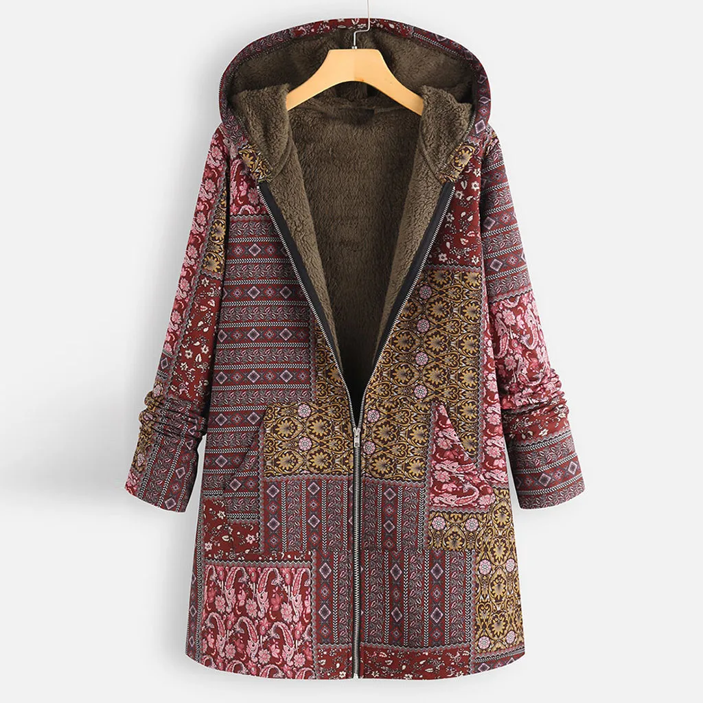L-5xl, Зимняя женская куртка большого размера, Толстая теплая парка с капюшоном, пальто с хлопковой подкладкой, флисовое пальто с капюшоном, женская верхняя одежда с этническим принтом# J30