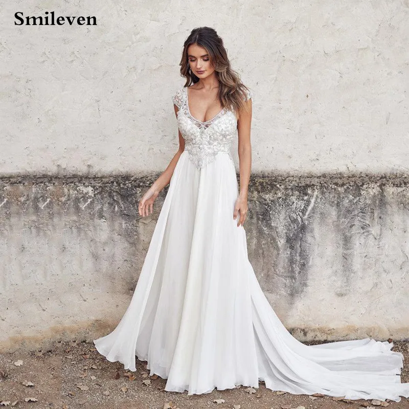 Smileven/шифоновое свадебное платье, сексуальные платья невесты с v-образным вырезом и жемчугом, украшенные кристаллами, vestido de casamento, пляжные свадебные платья