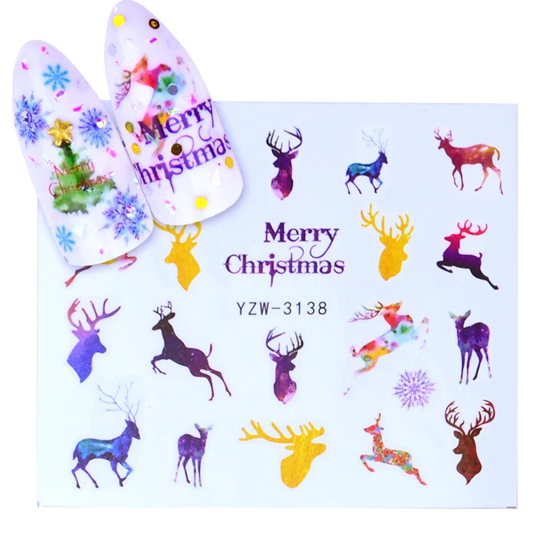 1 лист, Рождественский стикер для дизайна ногтей, слайдер, Санта Клаус, снеговик, переводные наклейки, фольга, 3D клей, год, Рождественский дизайн