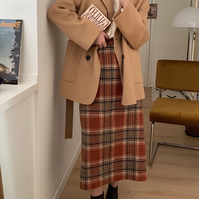 Plaid Skirts Women French Style Retro Classic Mid-calf All-match Casual Sweet Elegant Ladies Autumn New A-line Skirt Behind-slit