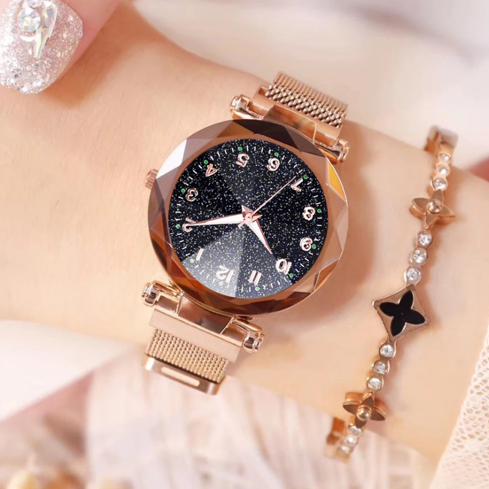 

Watches Women Fashion Luxury Stainless Steel Magnetic Buckle Strap Refractive surface Luminous Dial Ladies Quartz Watch