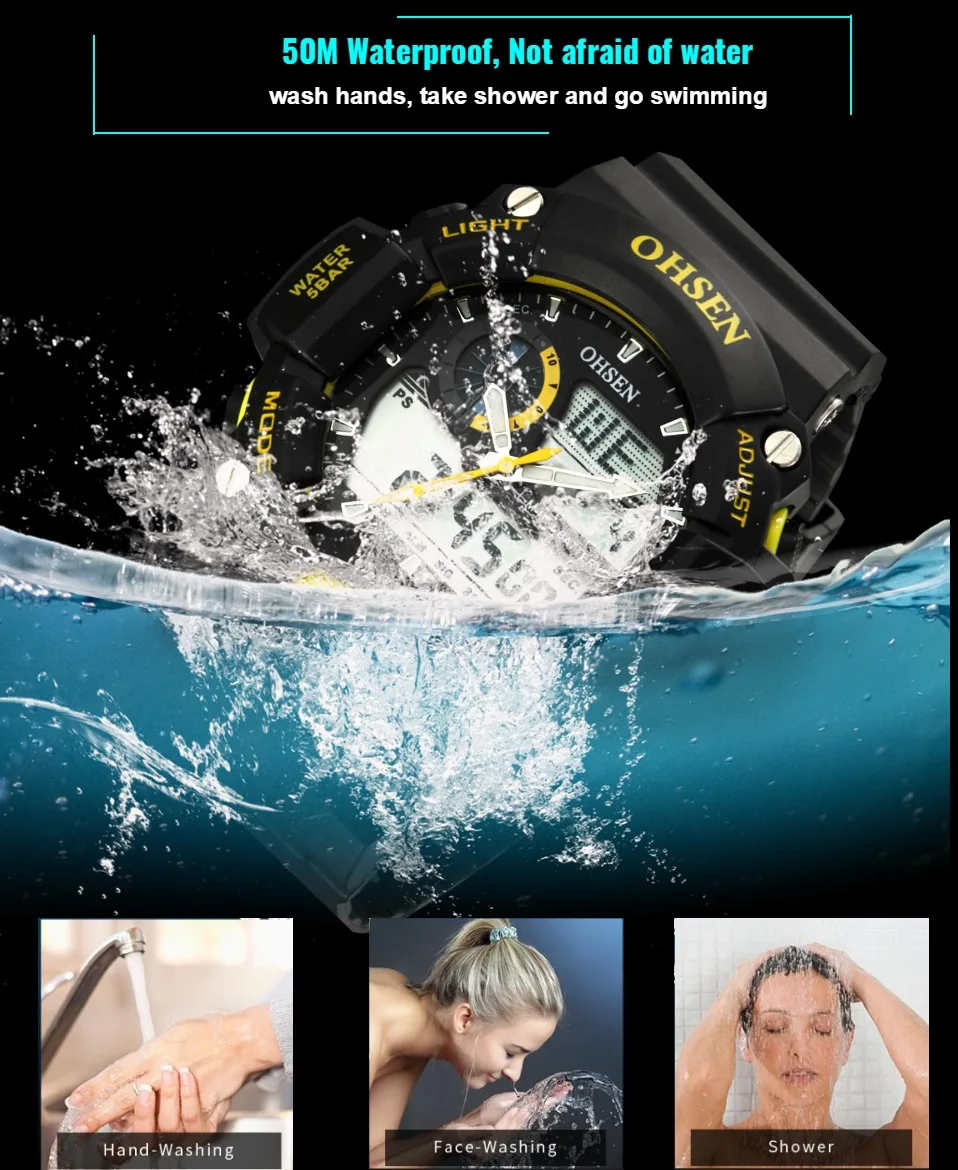 OHSEN Цифровые кварцевые спортивные мужские часы мужские s мужские наручные часы с желтым циферблатом модные 50 м водонепроницаемые повседневные ЖК-часы подарок