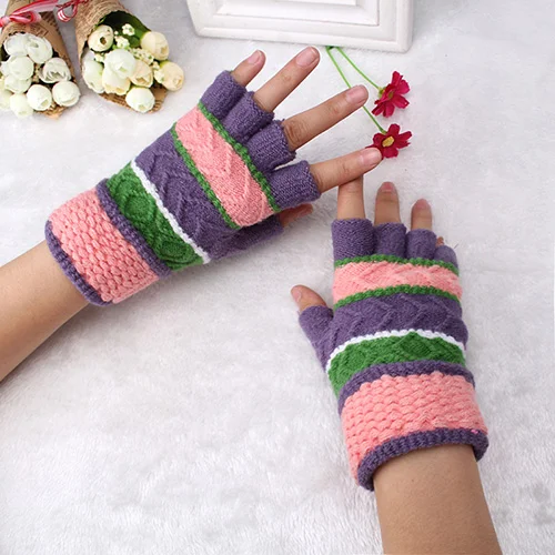 Модные Классические вязаные перчатки без пальцев для женщин, зимние перчатки для девочек, теплые вязаные варежки, Осенние перчатки - Цвет: purple