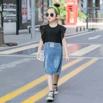 

New Style 4 To 16 Years Kids and Teen Girls Summer Denim Patchwork Dress Fashion Children Casual Dresses Sleeveless Dress, #8778