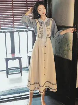 

Spring Women 2 Piece Outfits Sets Vintage Suit Blue Shirt Blouse and Embroidery Strapless Dress Mid-calf Dresses and Tops Set