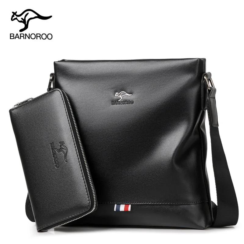 Black With Wallet BARNOROO мужская кожаная сумка чемодан мужская деловая сумка на плечо набор серия винтажная дорожная брендовая красивая сумка через плечо - Цвет: Black With Wallet
