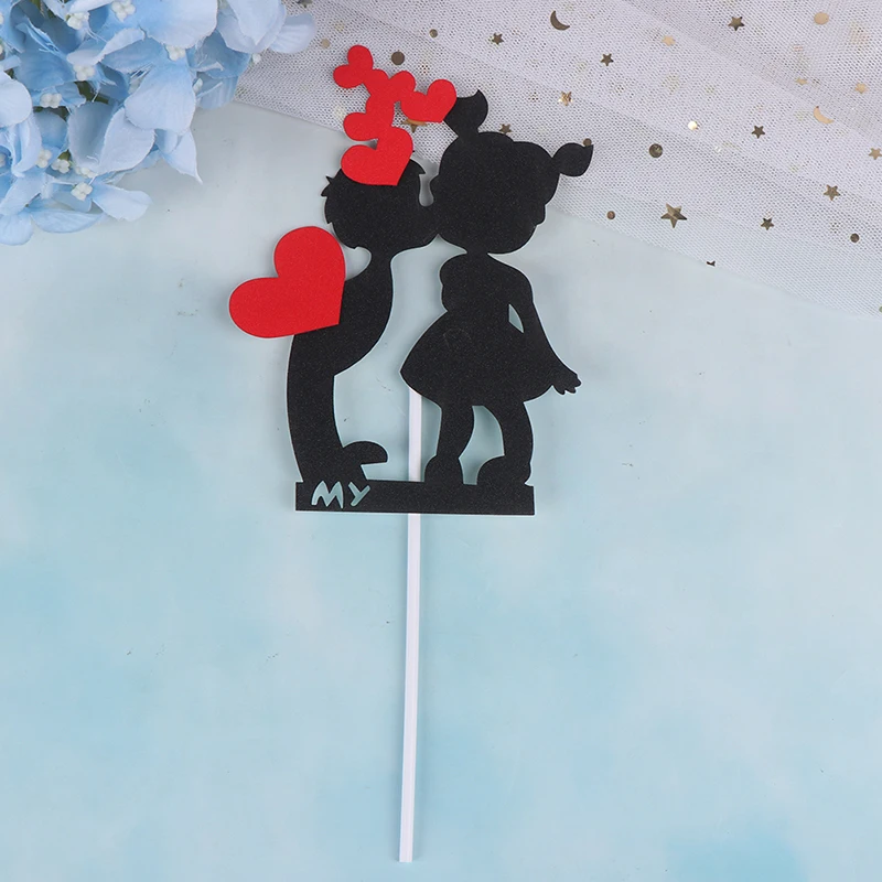 1 PC Black Boy & Girl with Red Heart Cake Topper Wedding Paper DIY Wedding Birthday Party Cake Baking Decor Birthday Cake Flags