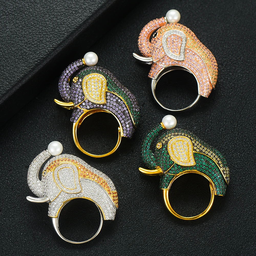 

GODKI 2019 Trendy Big Elephant Charms Cubic Zircon Statement Ring for Women Finger Rings Beads Charm Ring Bohemian Beach Jewelry