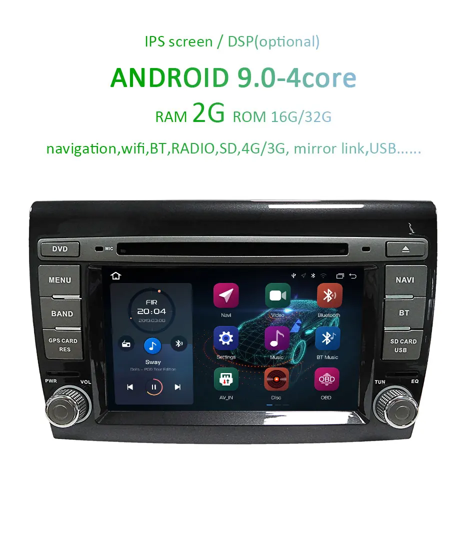Sale Android 9.0 DSP 64G 2 DIN Car DVD for Fiat Bravo 2007 2008 2009 2010 2011 2012 GPS Radio Multimedia IPS Screen Navigation Stereo 3