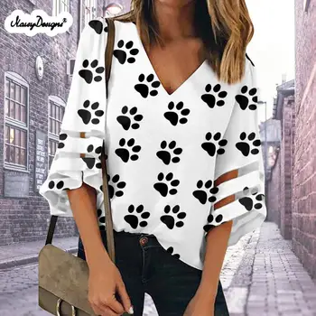 

Noisydesigns White Women Blouse Tunic Lady Dog paw Stripe Prints Summer Chiffon V-Neck Tops Shirts Grils Mujer Free Dropshipping