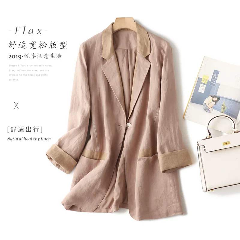 

8065 (outside) Spring And Autumn Mid-length Casual Flax Small Suit Coat Women's Contrast Color Cotton Linen Long Sleeve Fold-dow