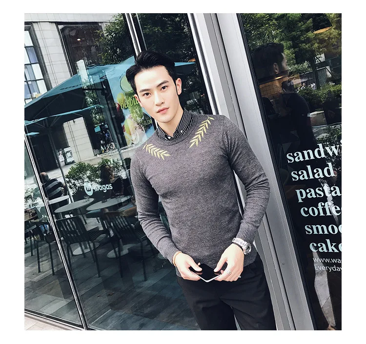 Embroidery Male Sweaters For Men Camisolas Homens Black White Grey Brown Stylish Slim Fit Elegant Sweater Hombre Kazak Erkek