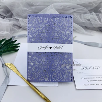

Elegant Laser Cut Lavender Wedding Invite With Belly Band, Fancy Quinceanera Invitation