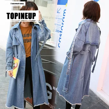 

New Fashion Denim Windbreaker with Letter Print Ribbon Slim Fit Female Casual Double Breasted Full Sleeve Lapel