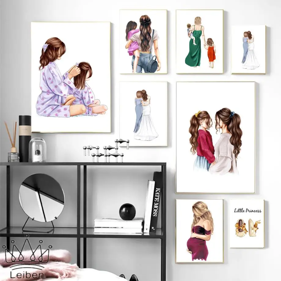 

Fashion Mom and Baby Girl Canvas Painting Cartoon Characters Warm Family Wall Art Poster Home Decoration Living Room Bedroom