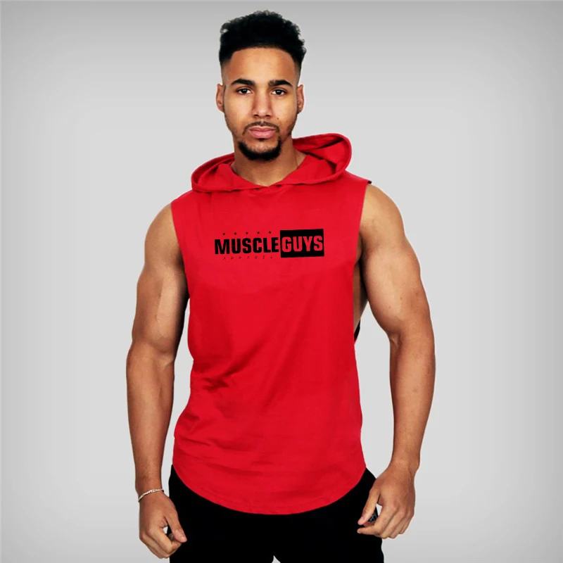 Бренд Just gym, одежда для бодибилдинга, Стрингер, толстовка, майка, Мужская Облегающая рубашка, фитнес, футболка с капюшоном, хлопок, буквы, летние топы - Цвет: Красный