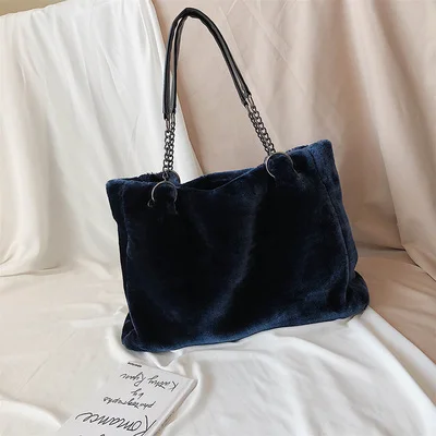 Синий Original Brand Autumn And Winter Plush Shoulder Bag& Large Capacity Chain Tote Bag Width 49cm High 31cm Thickness 13cm - Цвет: Синий